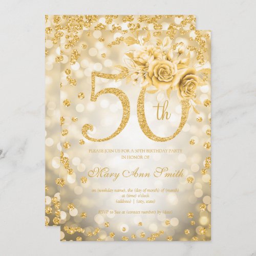 Gold Floral 50th Birthday Glam Lights  Invitation