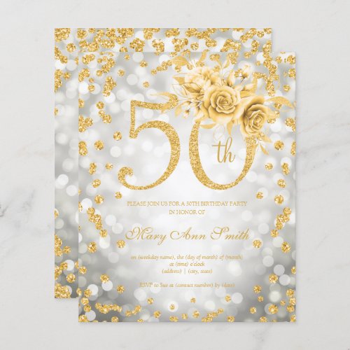 Gold Floral 50th Birthday Glam Lights Silver