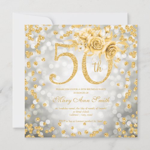 Gold Floral 50th Birthday Glam Lights Silver 