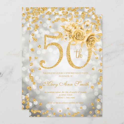 Gold Floral 50th Birthday Glam Lights Silver  Invitation