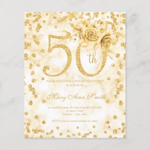 Gold Floral 50th Birthday Marble Invitation Flyer