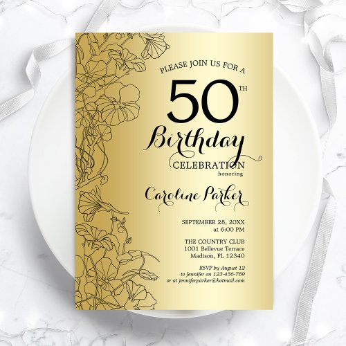 Gold Floral 50th Birthday Party Invitation