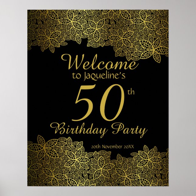 Gold Floral 50th Birthday Party Welcome Sign (Front)