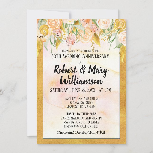 Gold Floral 50th Wedding Anniversary Invitation (Front)