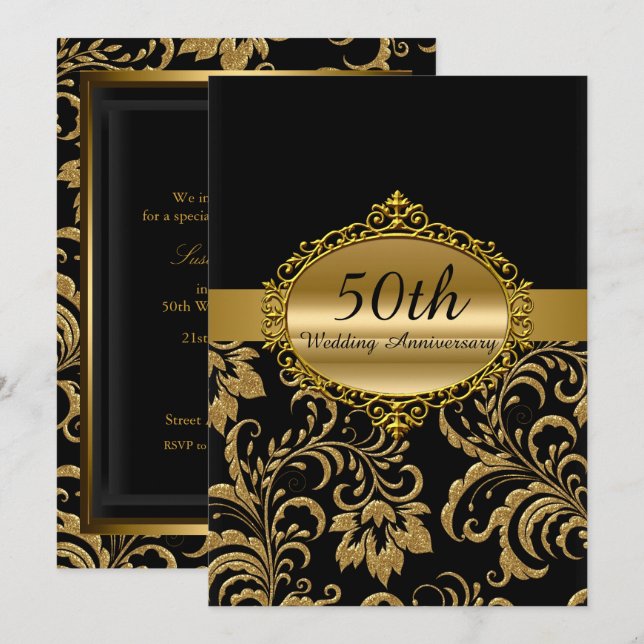 Gold Floral 50th Wedding Anniversary Invite (Front/Back)