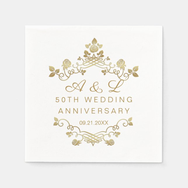 Gold Floral 50th Wedding Anniversary  Napkins (Front)