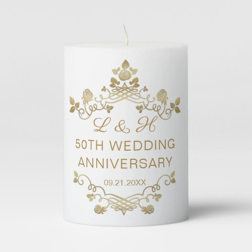 Gold Floral 50th Wedding Anniversary Pillar Candle