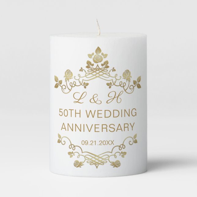 Gold Floral 50th Wedding Anniversary Pillar Candle (Front)