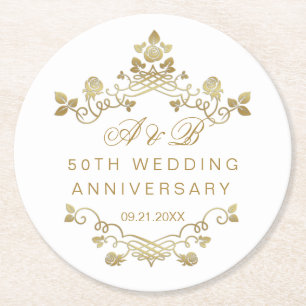 Gold Floral 50th Wedding Anniversary Round Paper Coaster