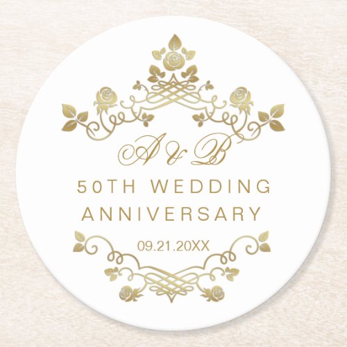 Gold Floral 50th Wedding Anniversary  Round Paper Coaster