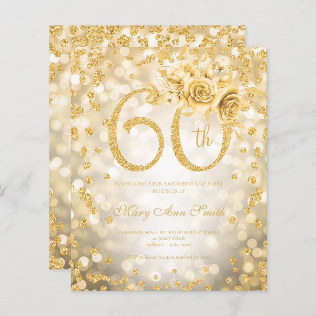 Gold Floral 60th Birthday Glam Lights   (Front/Back)