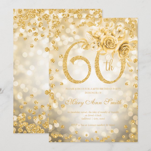 Gold Floral 60th Birthday Glam Lights  Invitation (Front/Back)