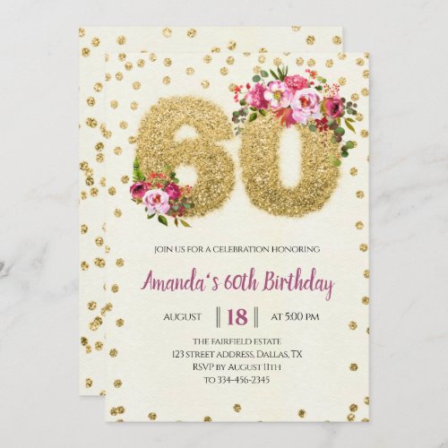 Gold Floral 60th Birthday Invitation