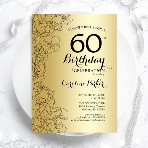 Gold Floral 60th Birthday Party Invitation