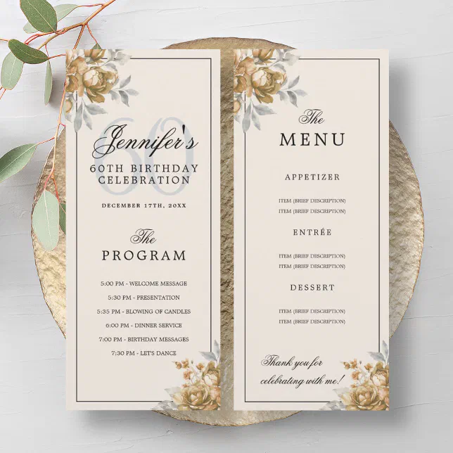 Gold Floral 60th Birthday Program Menu Champagne | Zazzle