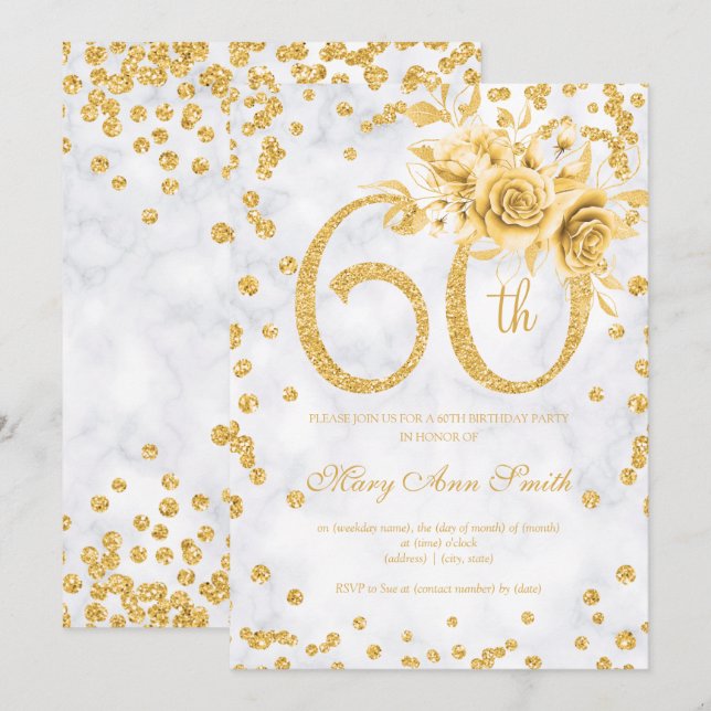 Gold Floral 60th Birthday Silver Glam Lights Invitation (Front/Back)