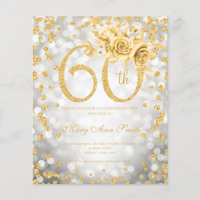 Gold Floral 60th Birthday Silver Lights Invitation Flyer (Front)