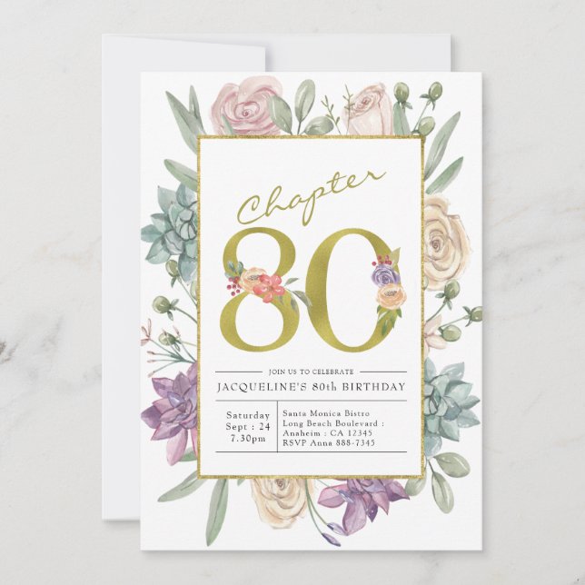 Gold Floral 80th Birthday Invitation (Front)