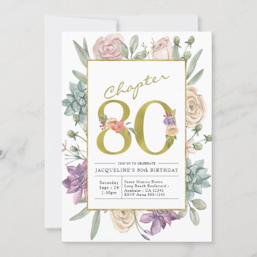 Gold Floral 80th Birthday Invitation