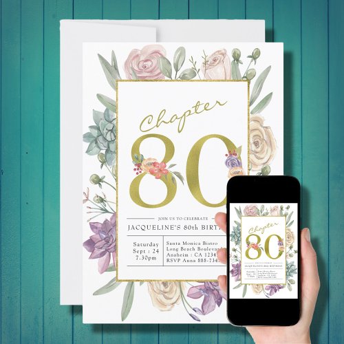 Gold Floral 80th Birthday Invitation