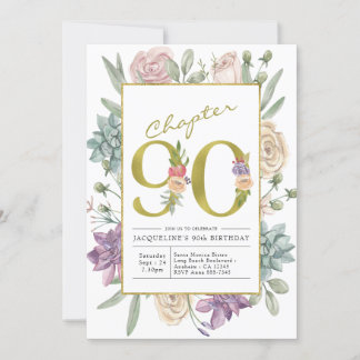 Gold Floral 90th Birthday Invitation