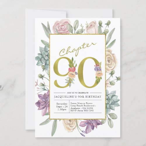 Gold Floral 90th Birthday Invitation