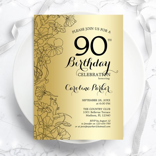 Gold Floral 90th Birthday Party Invitation