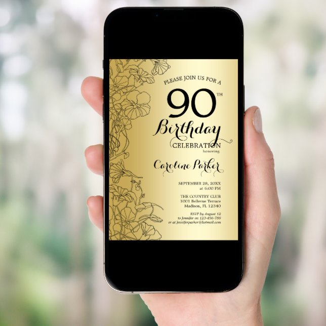 Gold Floral 90th Birthday Party Invitation (Front Digital)