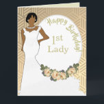 Gold Floral African American Birthday 1st Lady Card<br><div class="desc">This beautiful birthday card features an African American woman with a long white grown. The background is arrayed with a gold and cream roses. This card exudes beauty, style, and a timeless philosophy of classic elegance. The endearing image of a 1st Lady radiates sunshine, kindness, and generosity, making it a...</div>