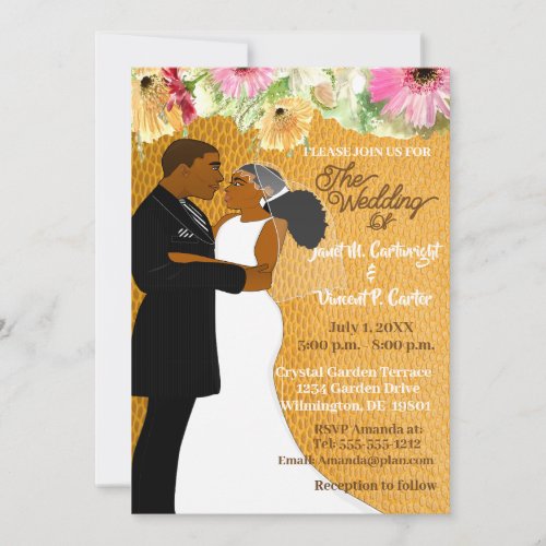 Gold Floral African American Wedding Couple Invitation