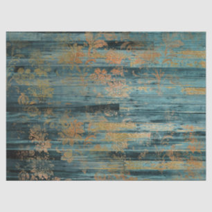 Gold Floral and Blue Rustic Wood Decoupage Tissue Paper