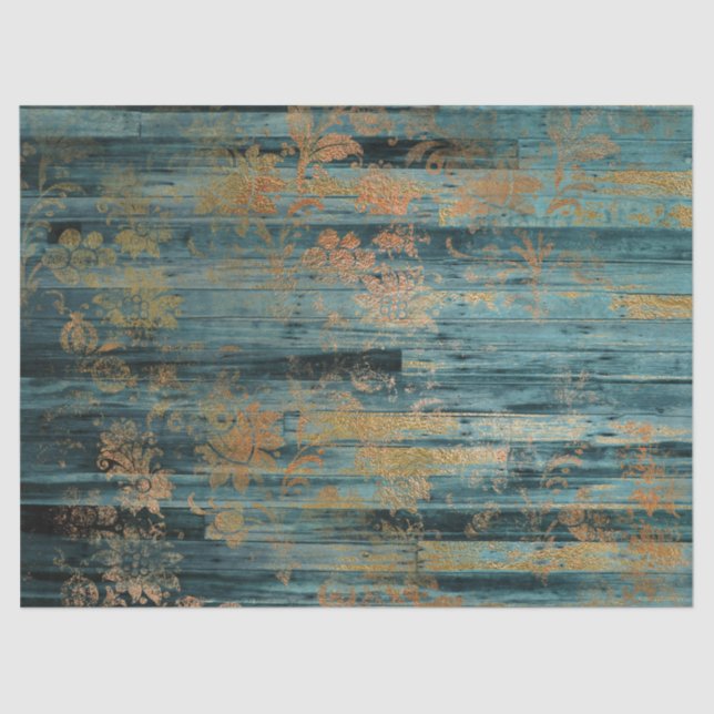 Gold Floral and Blue Rustic Wood Decoupage Tissue Paper (Front)