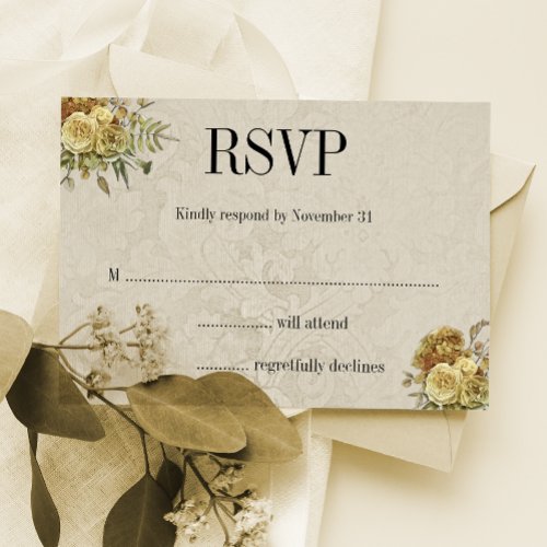 Gold Floral and Cream Damask Boho Wedding RSVP Card