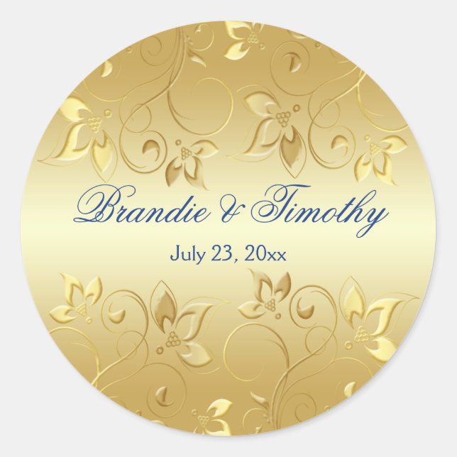 Gold Floral and Royal Blue 1.5" Round Sticker (Front)