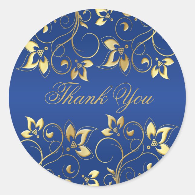 Gold Floral and Royal Blue 1.5" Round Sticker (Front)