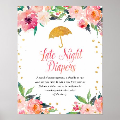 Gold Floral April Shower Late Night Diapers Poster