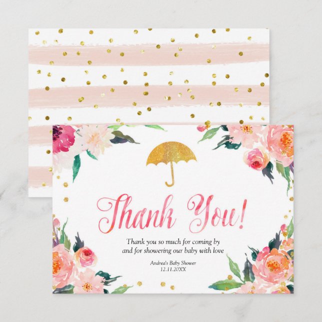 Gold Floral April Shower Thank You Card (Front/Back)