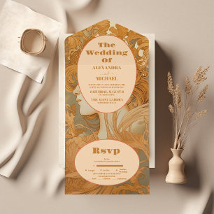 Gold Floral Art Nouveau Wedding All In One Invitation