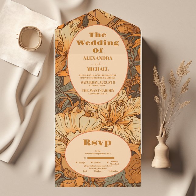 Gold Floral Art Nouveau Wedding All In One Invitation (Creator Uploaded)