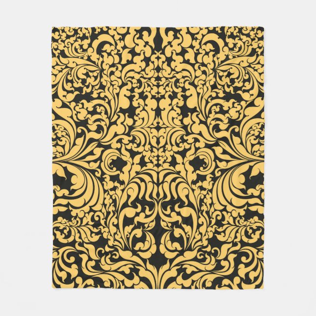 Gold floral art pattern on a black, Thai art vinta Fleece Blanket (Front)