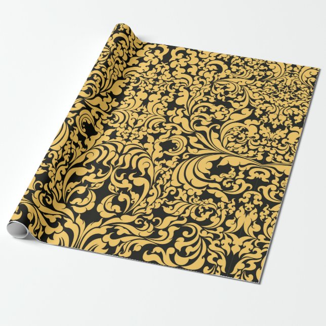 Gold floral art pattern on a black, Thai art vinta Wrapping Paper (Unrolled)