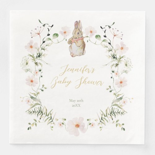 Gold Floral Baby Bunny Baby Shower Paper Dinner Napkins