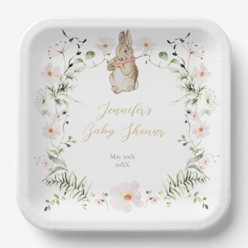 Gold Floral Baby Bunny Baby Shower Paper Plates