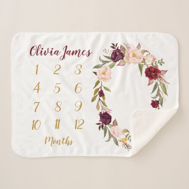Gold Floral Baby Milestone Monthly Sherpa Blanket (Front (Horizontal))
