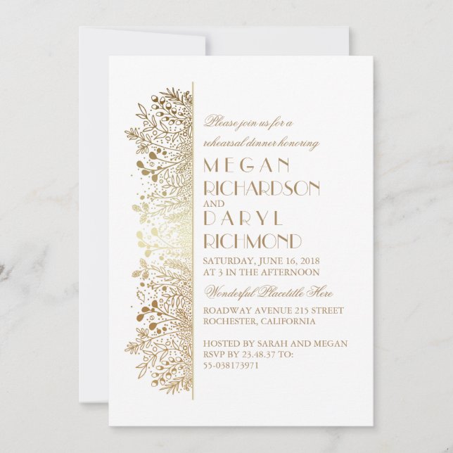 Gold Floral Baby's Breath Elegant Rehearsal Dinner Invitation (Front)
