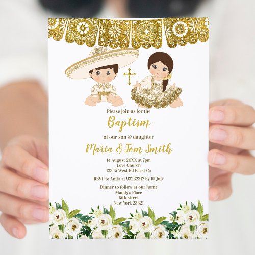 Gold Floral Baptism Fiesta Twin Invitation