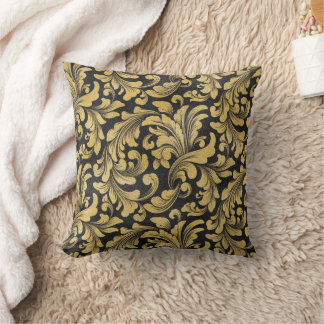 Gold floral baroque pattern on black background throw pillow