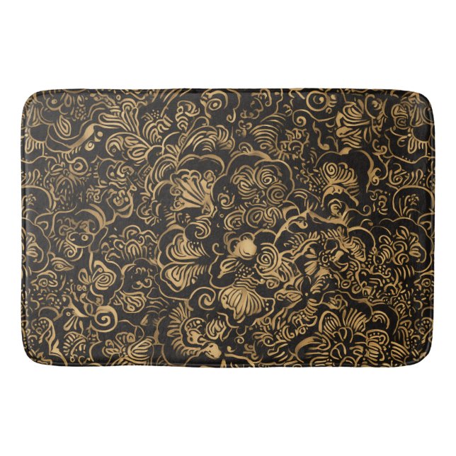 Gold Floral Baroque Pattern on Black Bath Mat (Front)