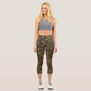 Gold Floral Baroque Pattern on Black Capri Leggings