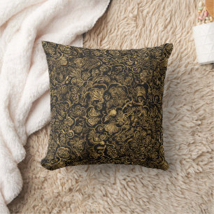 Gold Floral Baroque Pattern on Black Throw Pillow